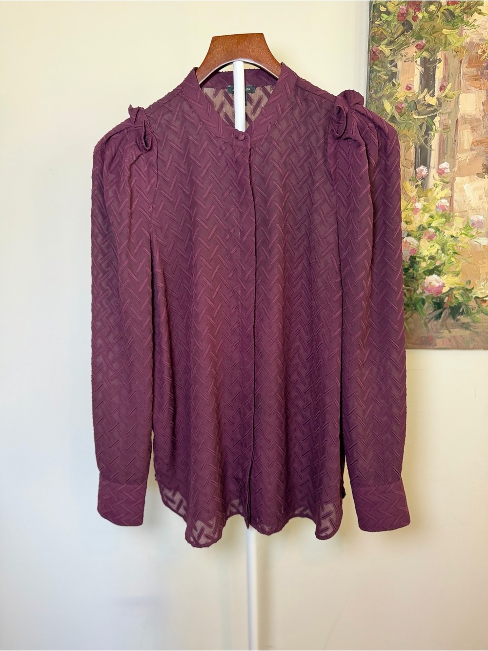 Ann Taylor Plum Sheer Ruffle Blouse Long Sleeve Button Down Small